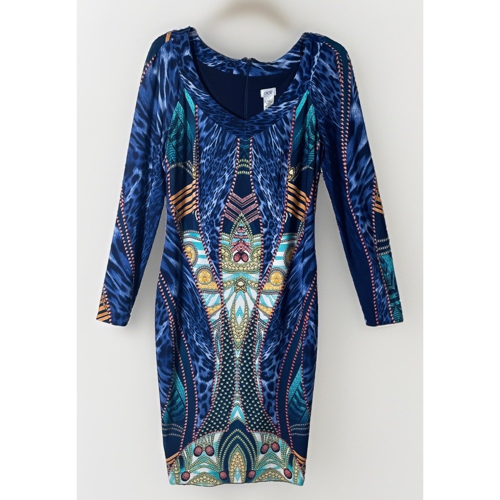 Cache Blue V Neck Leopard Geometric Print Long Sleeve Sheath Dress Abstract Sz 6